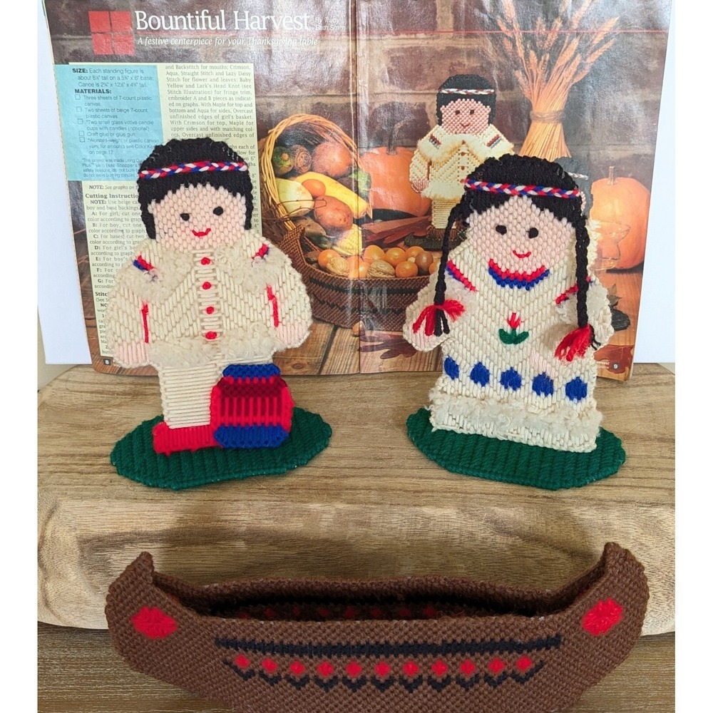 VTG Plastic Canvas Needlepoint Indian Native American Canoe Thanksgiving Decor